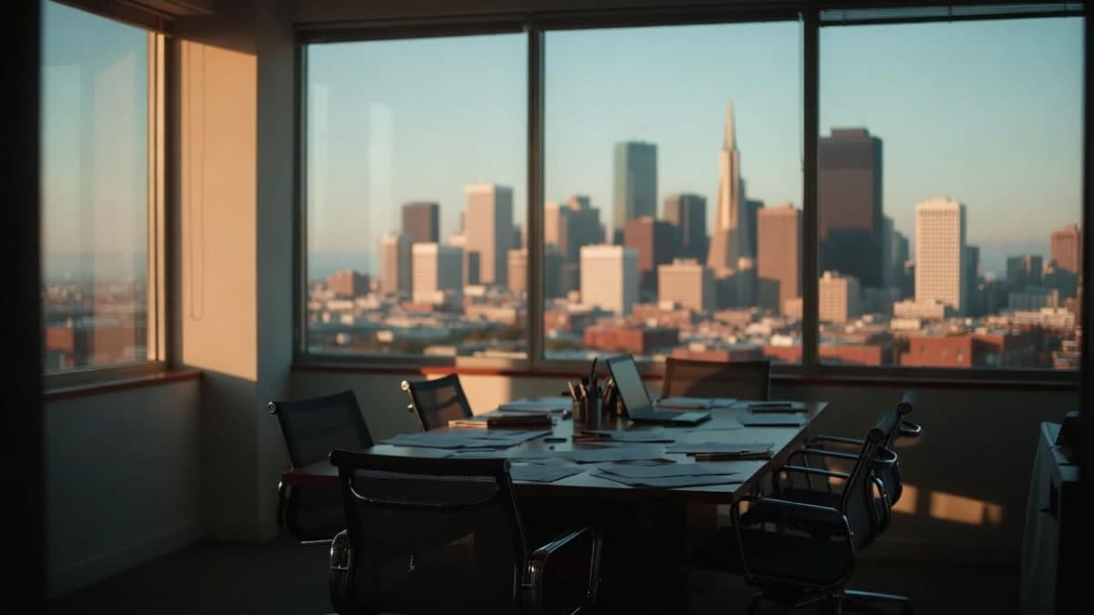 Empty modern office conference room with San Francisco skyline visible through large windows, editorial style photography.