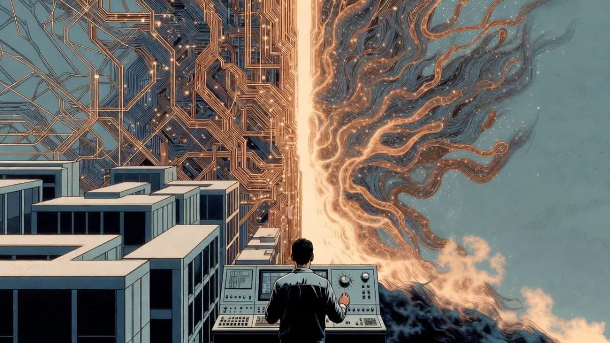 Abstract illustration of a neural network with a central axis running from structured forms to ethereal mist, representing the spectrum from helpful assistant to unstable AI personas