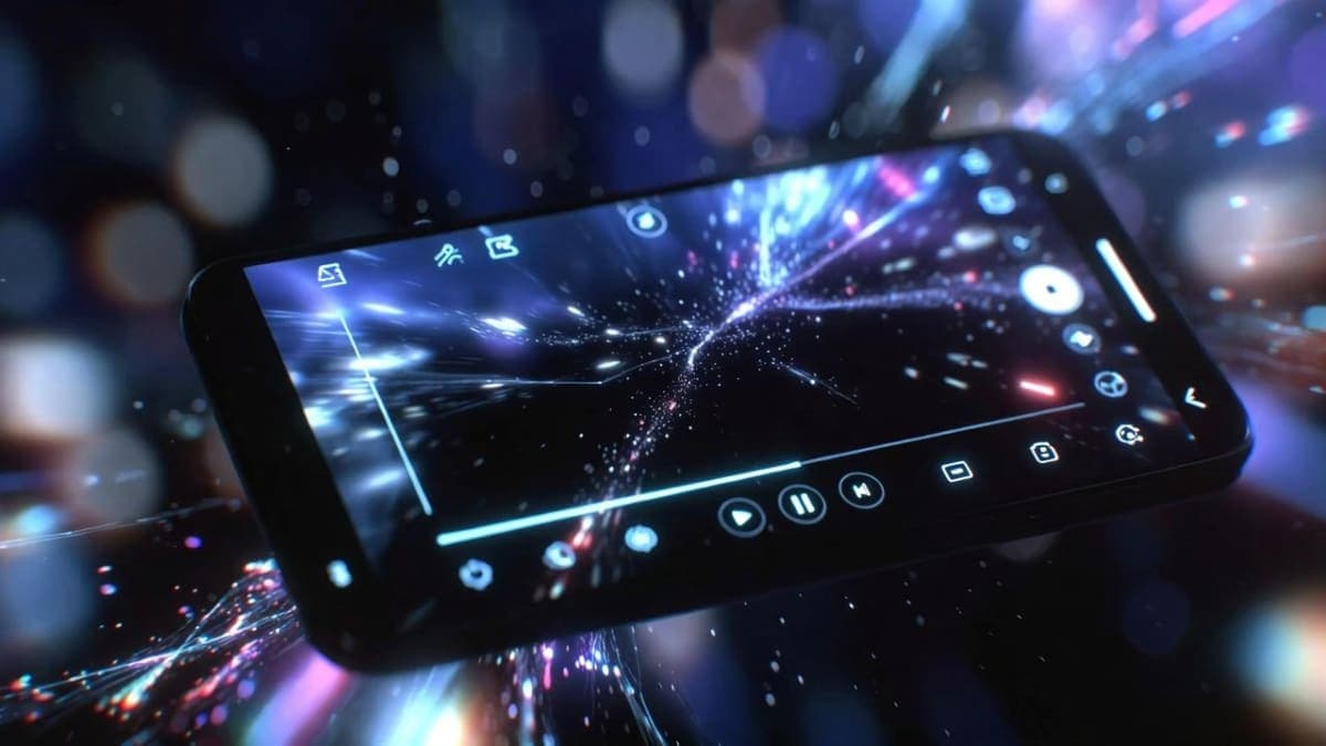 Smartphone displaying AI video generation interface with glowing motion particles