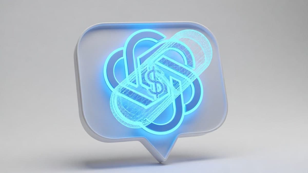 Illustration of an AI-generated molecular structure emerging from a chat interface, representing OpenAI's interest in drug discovery royalties.