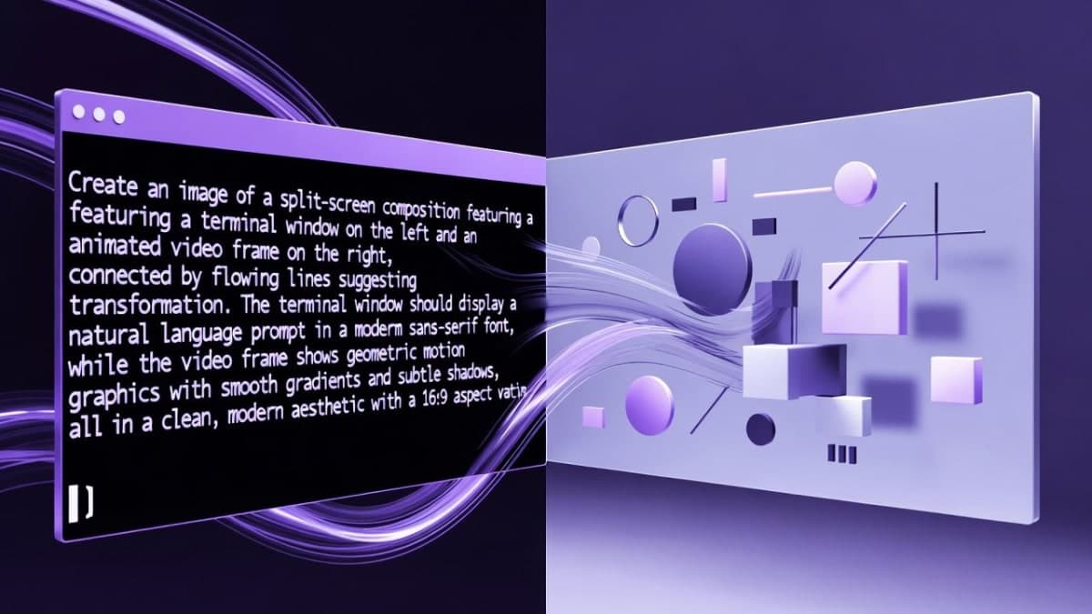 Terminal showing natural language prompt transforming into animated video output
