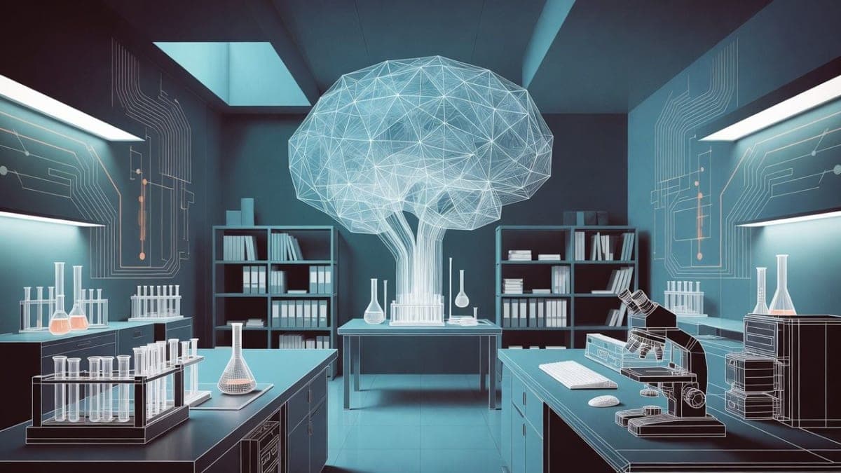Abstract illustration of an AI research laboratory with geometric neural network shapes emerging from a modern workstation in blue and white tones