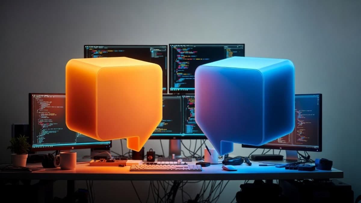 Abstract illustration of two AI coding assistants represented as geometric shapes hovering over a developer's workspace