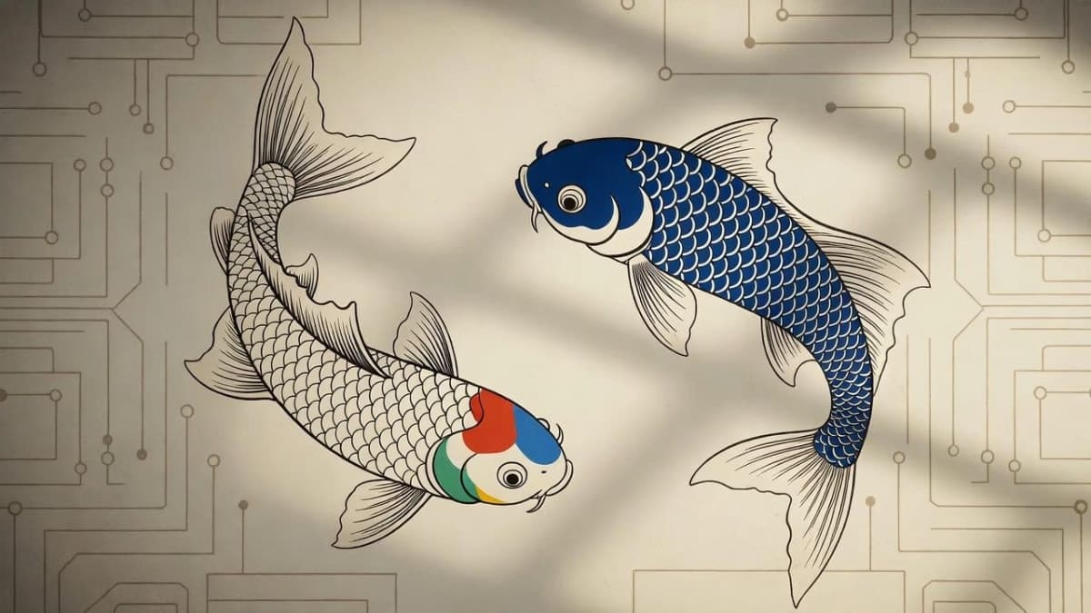 Stylized illustration of koi fish representing Google and Sakana AI partnership