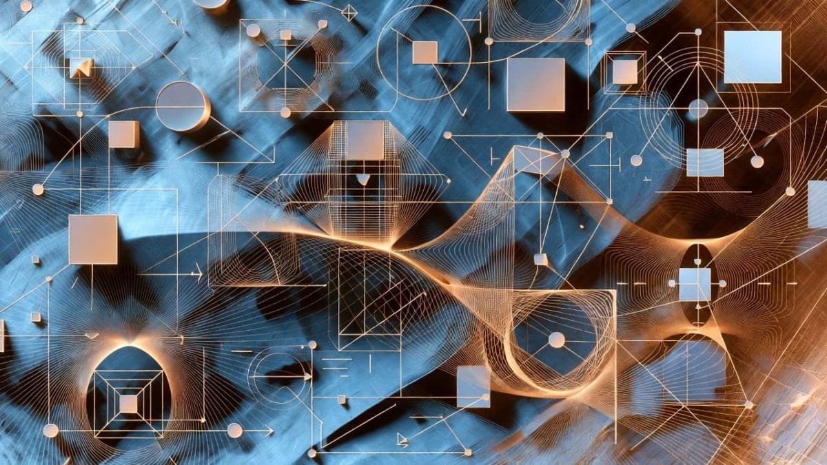 Abstract visualization of mathematical proof structures merging with neural network patterns