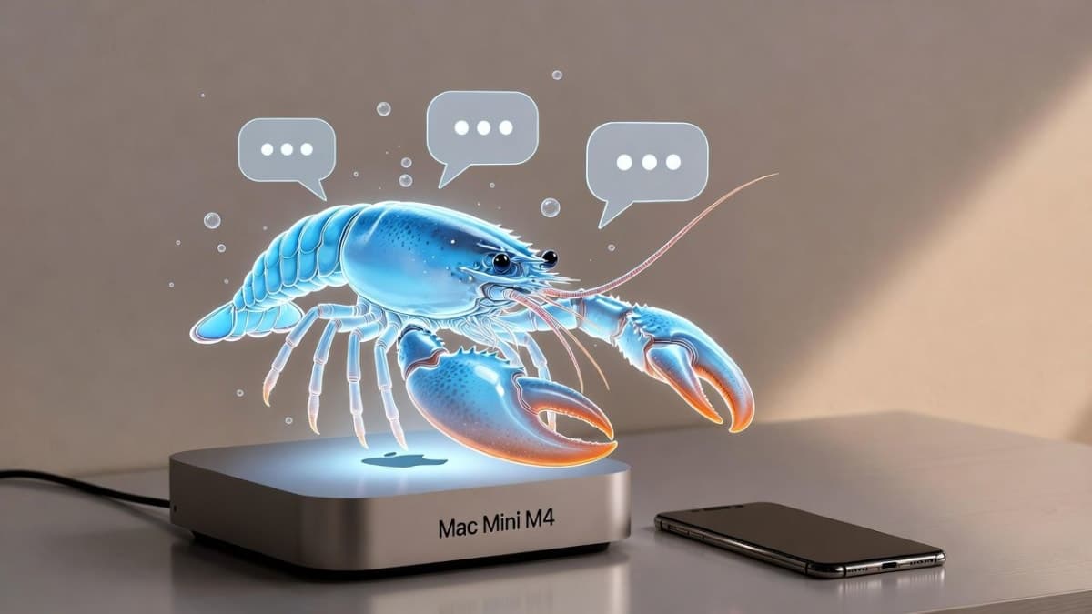 Illustration of a Mac Mini with a glowing lobster hologram representing the Clawdbot AI assistant
