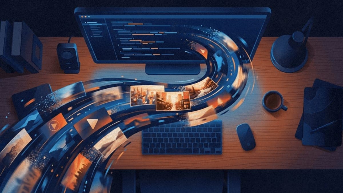 Abstract illustration showing video frames being generated in real-time from a developer's terminal