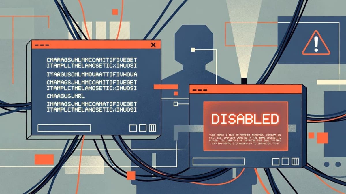 Illustration of two connected terminal windows with an automated system barrier between them, representing AI-to-AI communication being flagged