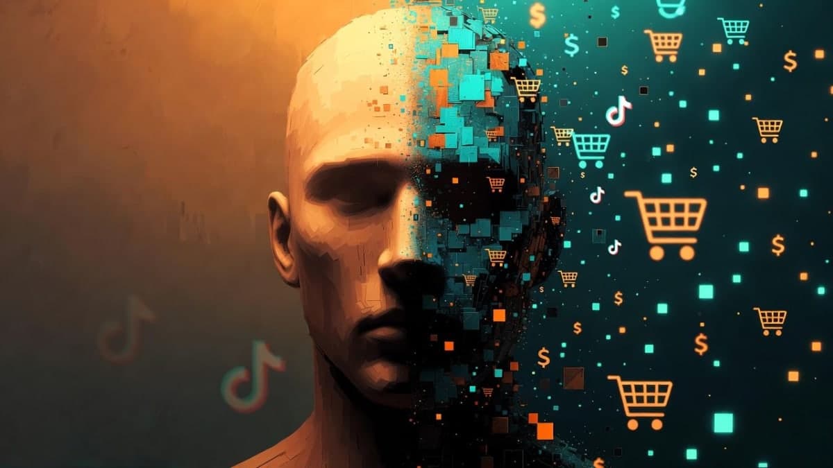 Abstract illustration of a human silhouette transforming into digital fragments, representing AI avatar technology in the creator economy