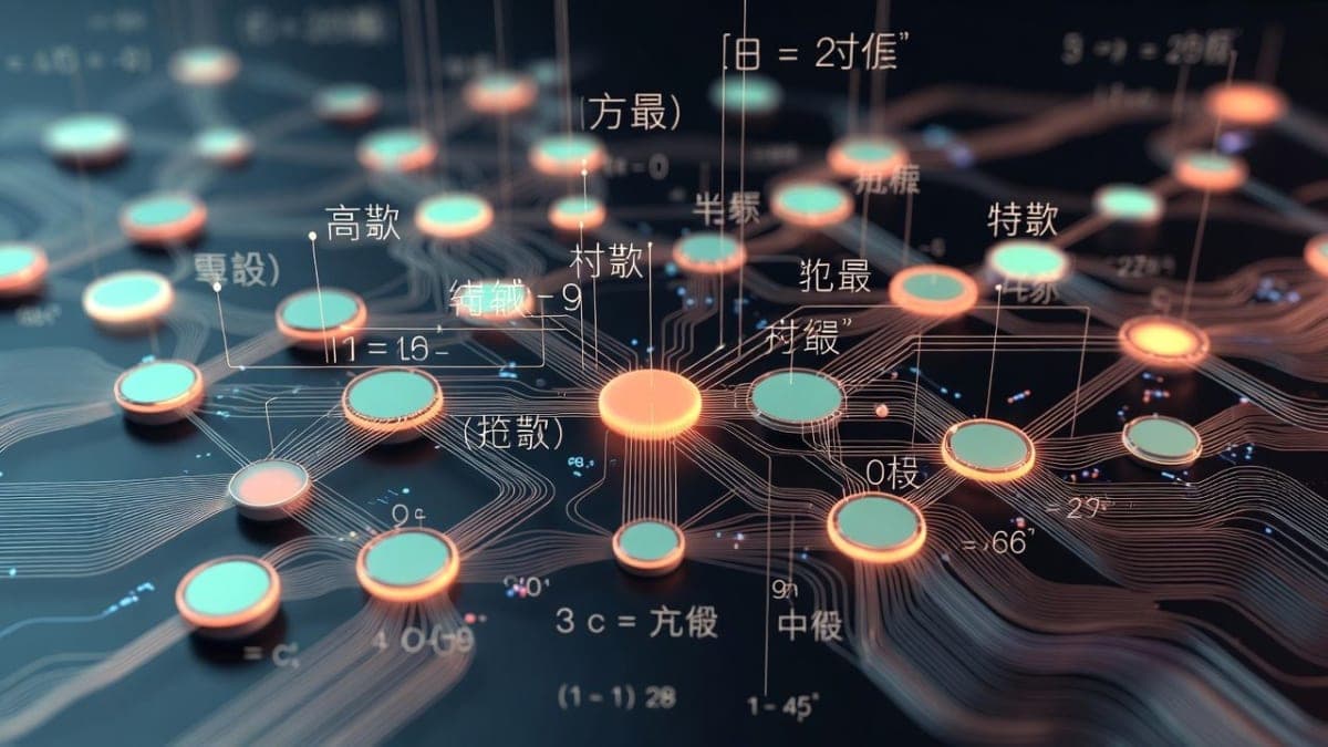 Abstract neural network visualization with mathematical symbols representing AI reasoning capabilities