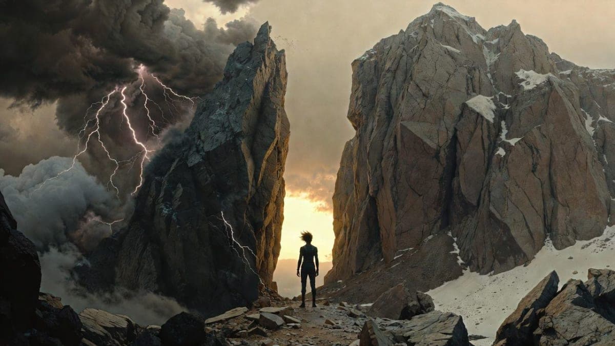 Solitary figure at mountain pass between storm and sunrise, representing humanity's precarious position in AI development