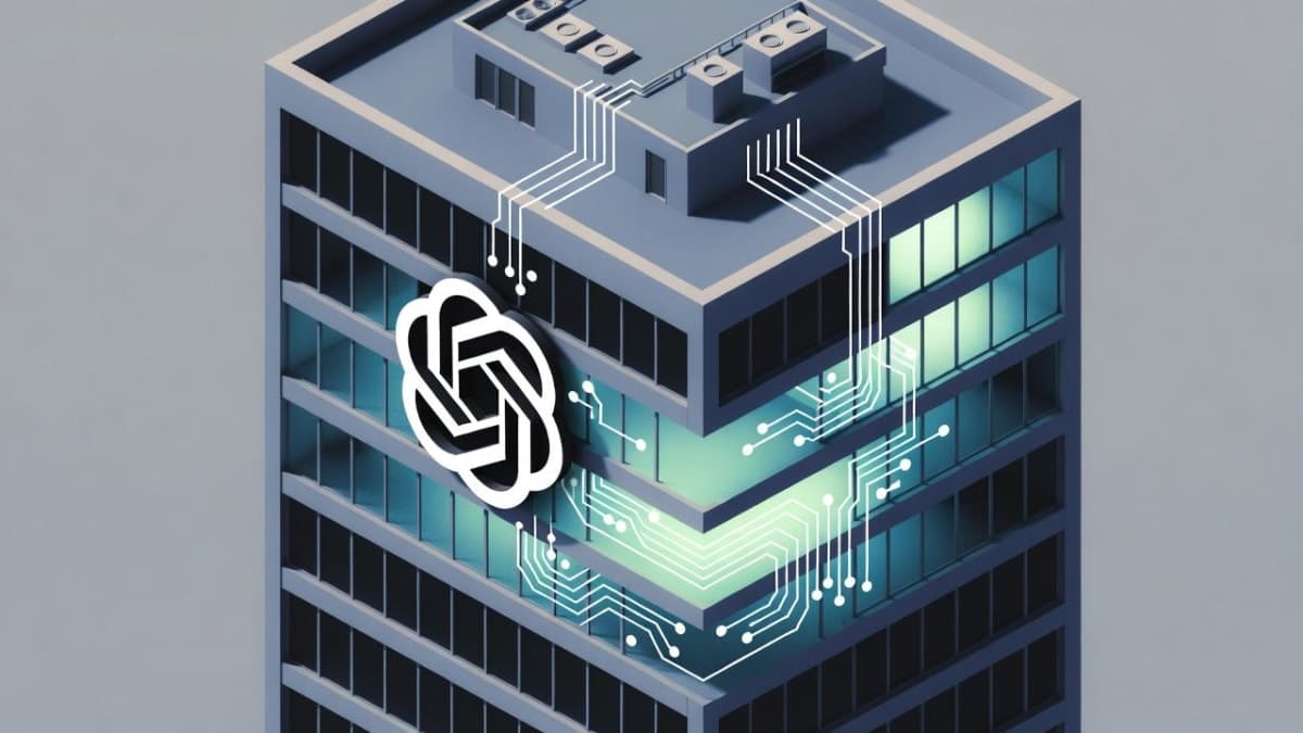 Stylized illustration of an office building with AI circuit patterns and partially empty floors