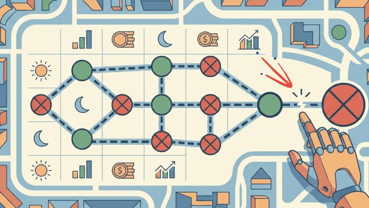 Abstract illustration of an AI agent struggling to complete a complex travel planning network with constraint violations highlighted