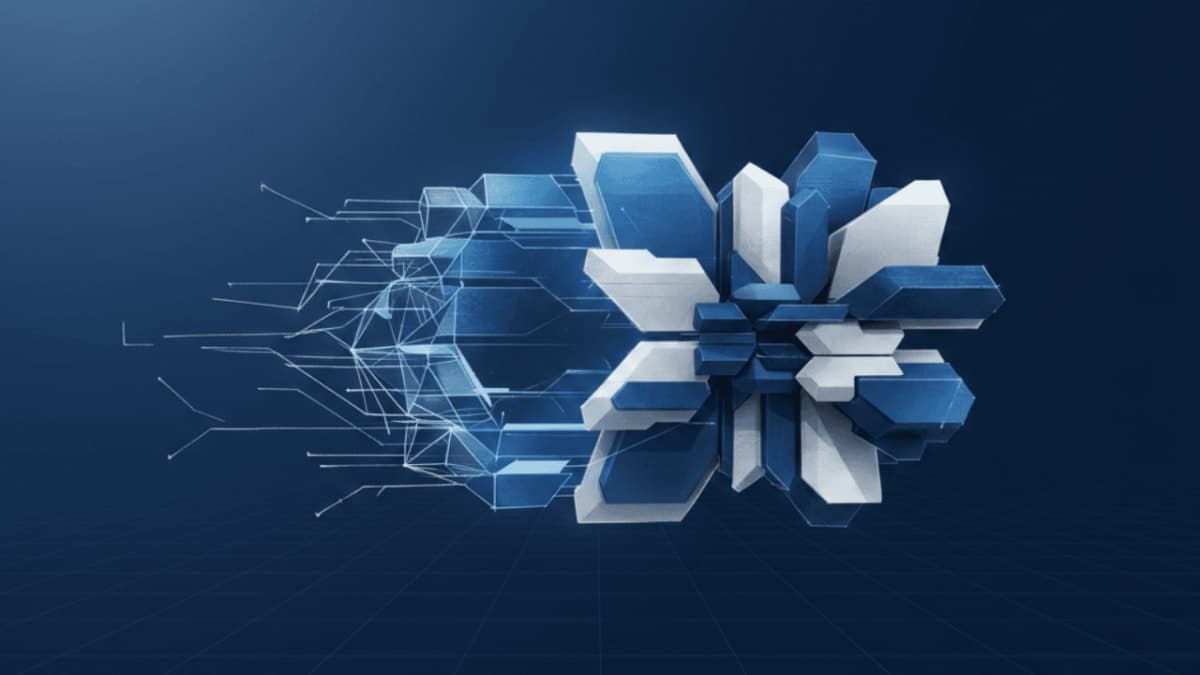 Abstract illustration showing the transformation of a 2D image into a 3D digital model with geometric wireframes