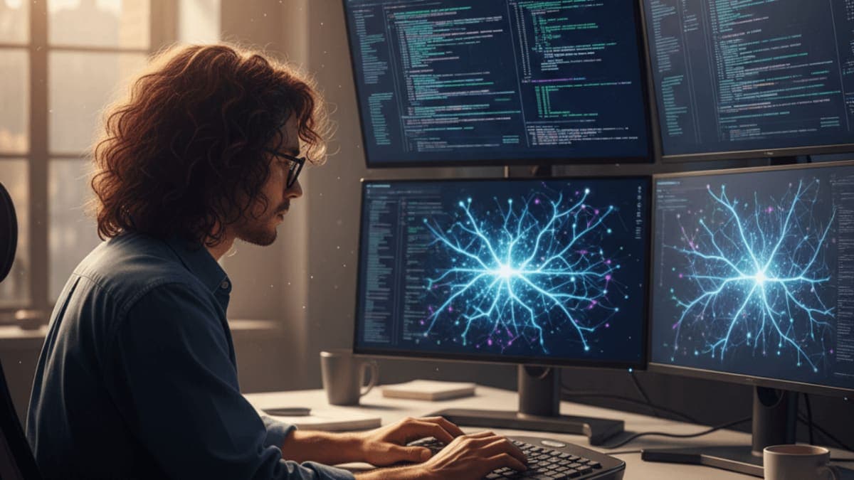 Researcher working at desk with screens displaying mathematical equations and AI visualizations