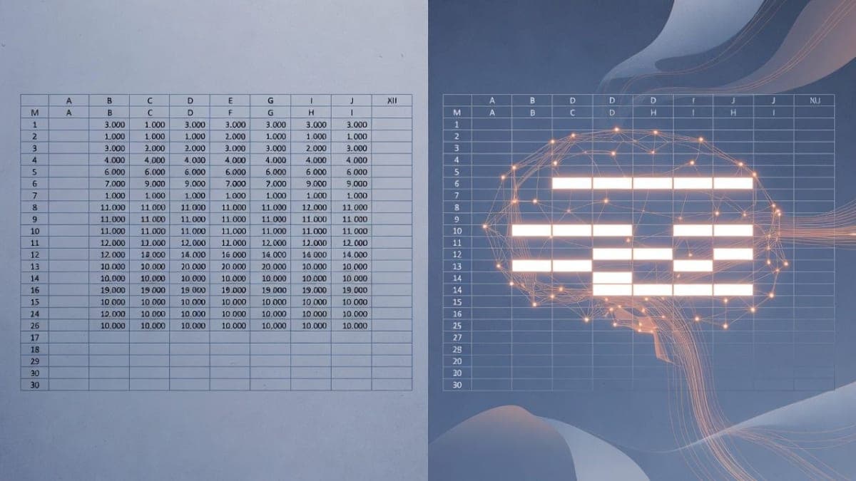 Conceptual illustration of AI analyzing an Excel spreadsheet with highlighted cell connections