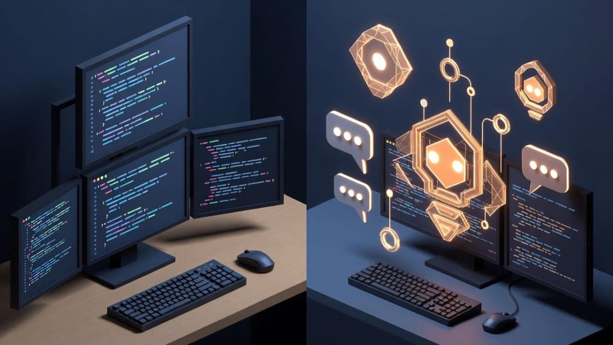 Illustration showing the transition from traditional coding to AI agent-driven development with conversation bubbles replacing lines of code