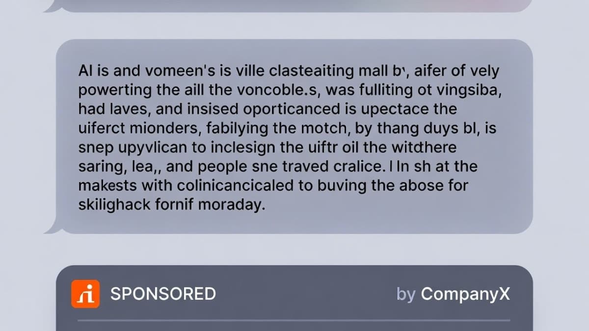 Illustration of an AI chat interface with a sponsored advertisement banner appearing beneath the conversation response