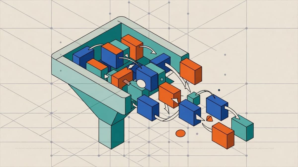 Abstract illustration of data flowing through a compression pipeline, representing AI context management