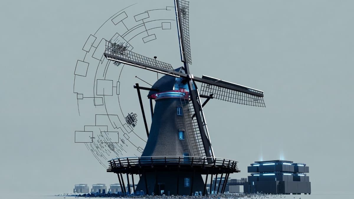 Stylized illustration of semiconductor manufacturing equipment with organizational structure elements being cleared away