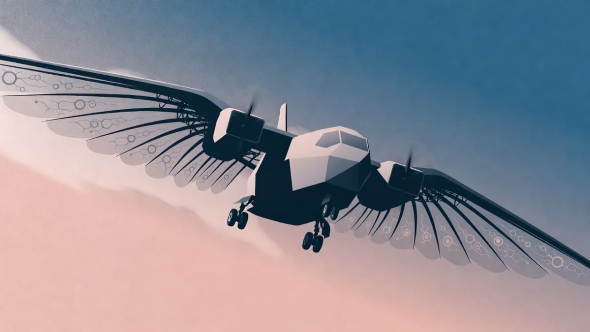 Stylized illustration of an airplane with organic, bird-like wings representing bio-inspired AI research