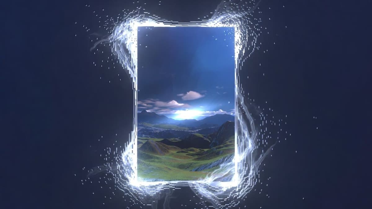Abstract portal revealing an AI-generated landscape with visible generation fragments at the edges