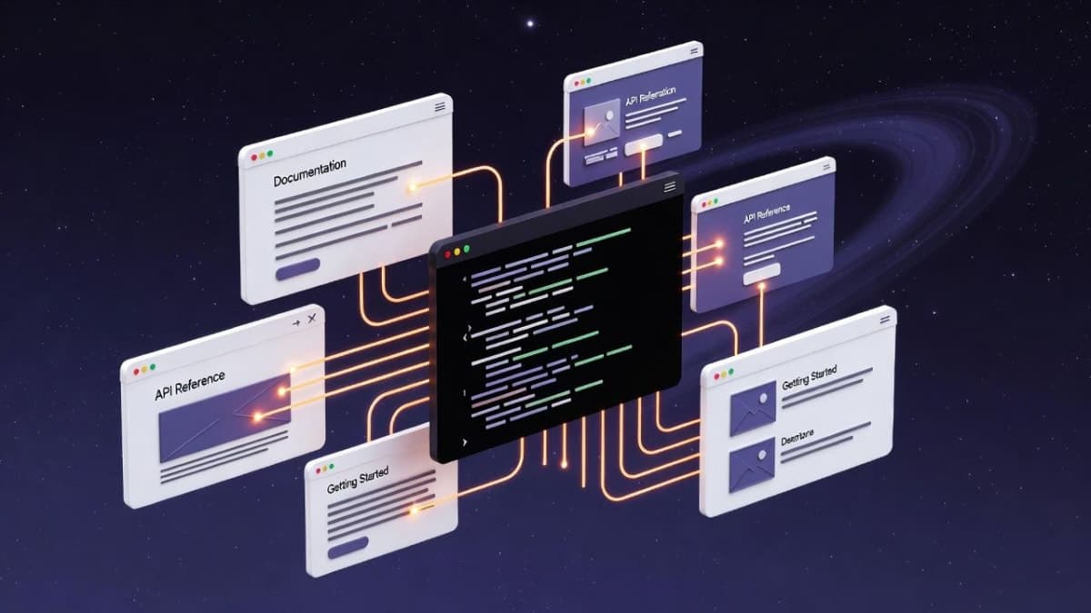 Illustration of a terminal connected to floating documentation windows, representing Codex's web search capability