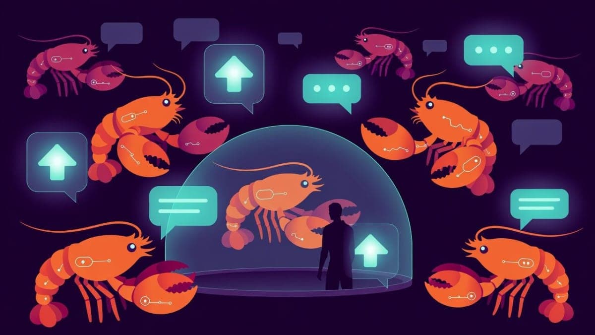 Illustration of cartoon AI agent lobsters interacting in a digital social network space while a human observes from outside