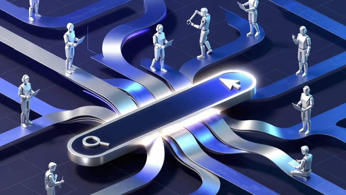 Abstract illustration of AI search interface connected to autonomous digital agents working across a technological landscape