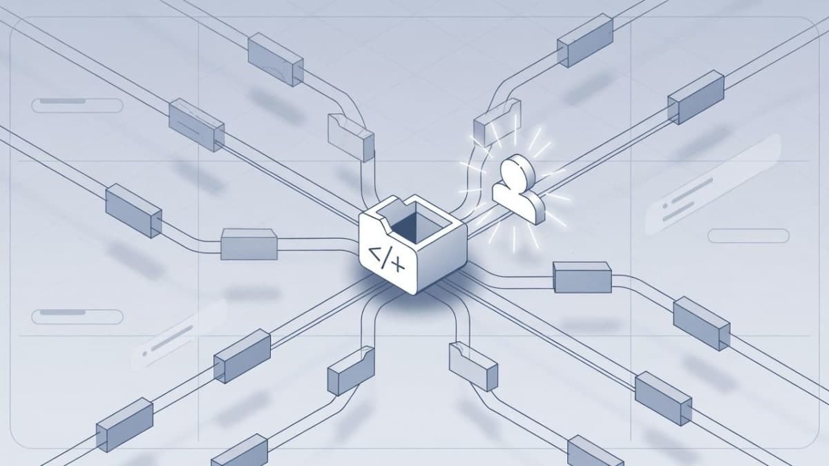 Abstract illustration of an AI coding agent navigating repository files