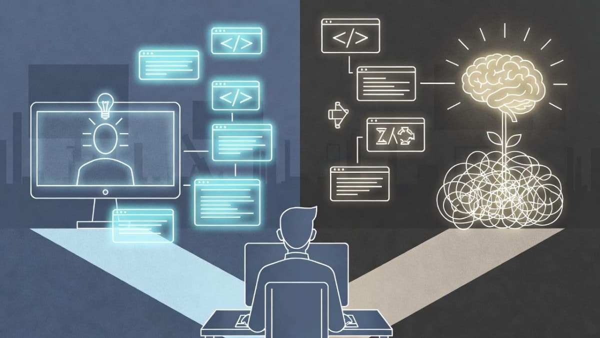 Illustration showing two paths for developers: easy AI-assisted coding versus effortful manual debugging leading to deeper understanding