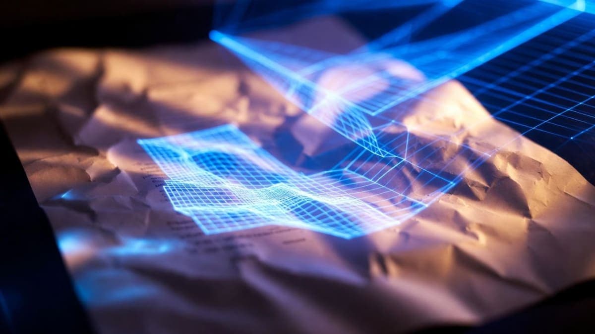 Abstract visualization of AI document scanning with polygonal text detection overlays on a folded paper document