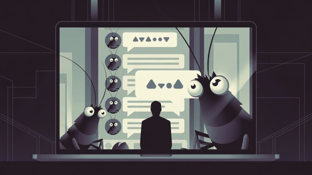 Illustration of AI agents conversing on a social network while a human observer watches from behind a laptop screen