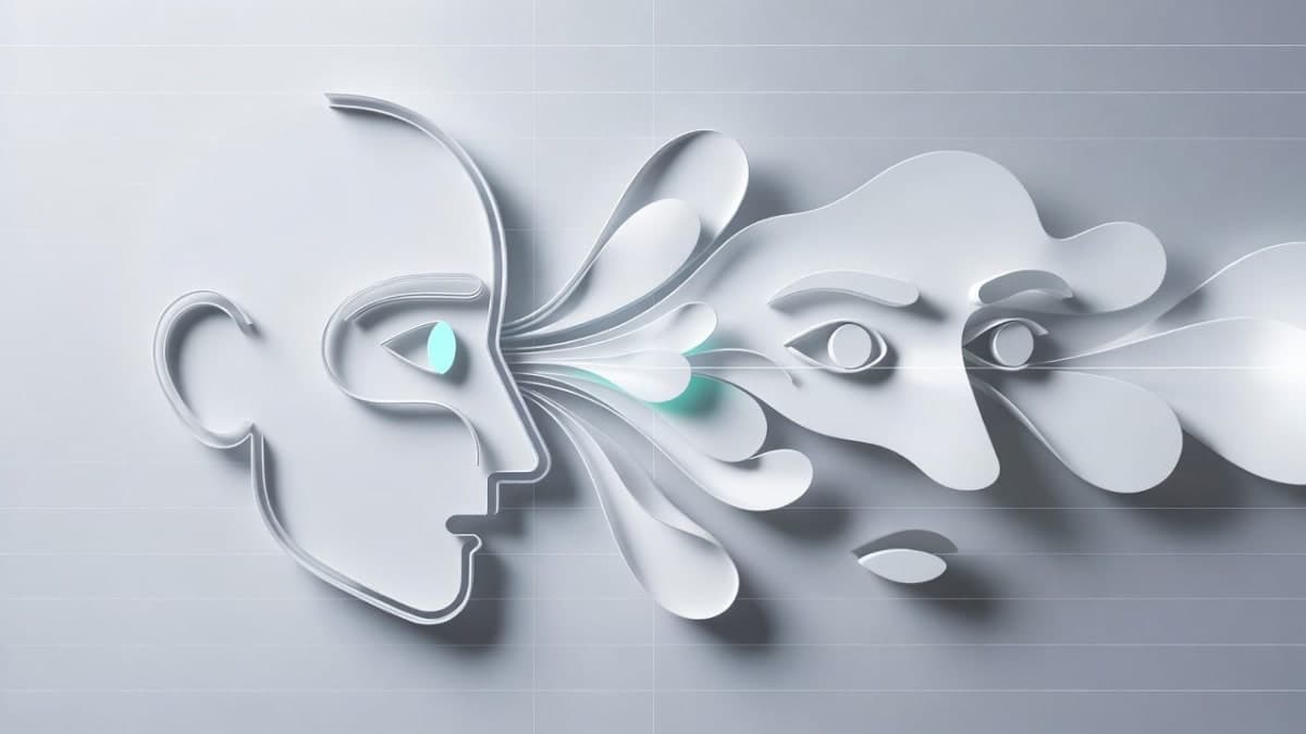 Abstract visualization of silent speech technology showing sound waves and facial micro-expressions in Apple's minimalist design style