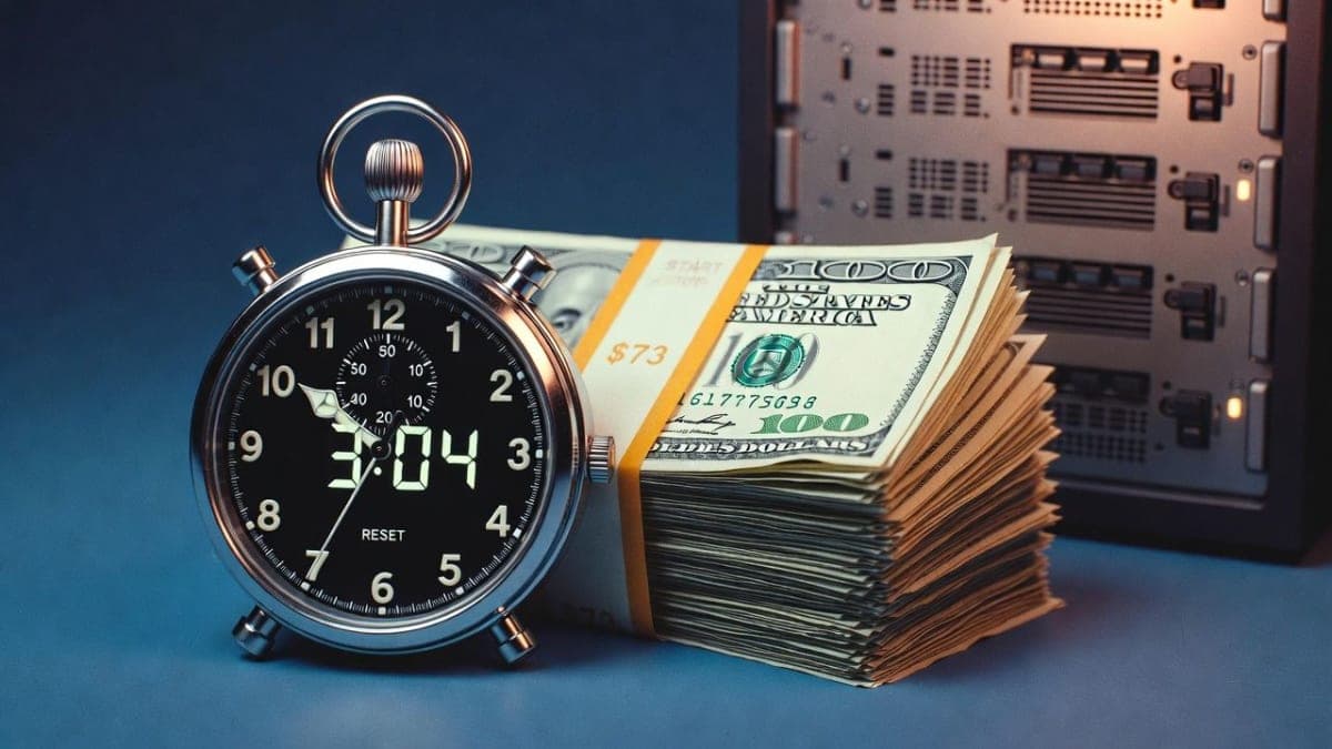 Stopwatch showing 3 hours next to approximately 73 dollars in cash, with GPU server silhouette in background, representing the reduced cost and time of training GPT-2 level AI models.