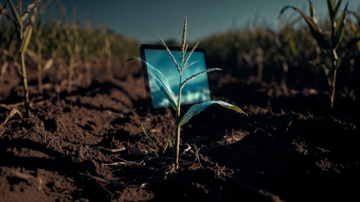 Single corn stalk in Iowa farmland at dawn with subtle digital lighting accents