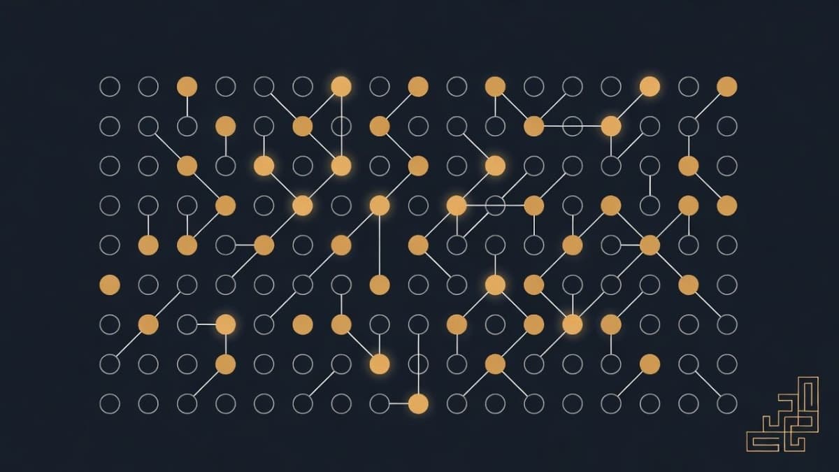 Abstract visualization of sparse neural network activation showing a small fraction of illuminated nodes against a dark background, representing efficient parameter usage in AI models.