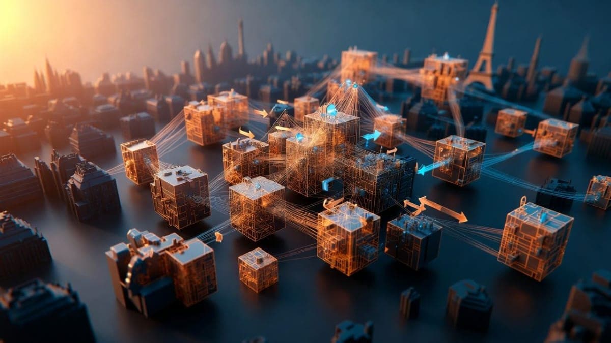 Abstract visualization of AI world model architecture showing interconnected geometric shapes with prediction pathways against a Paris skyline backdrop