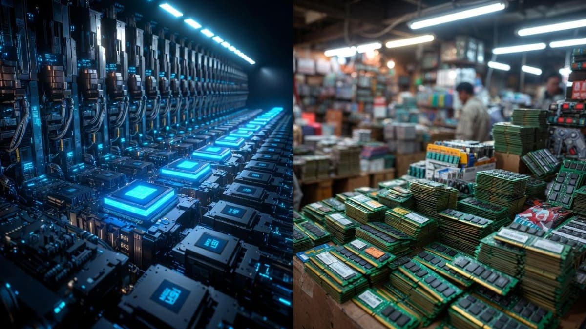 Illustration contrasting premium AI server memory with affordable DDR4 modules in Chinese marketplace