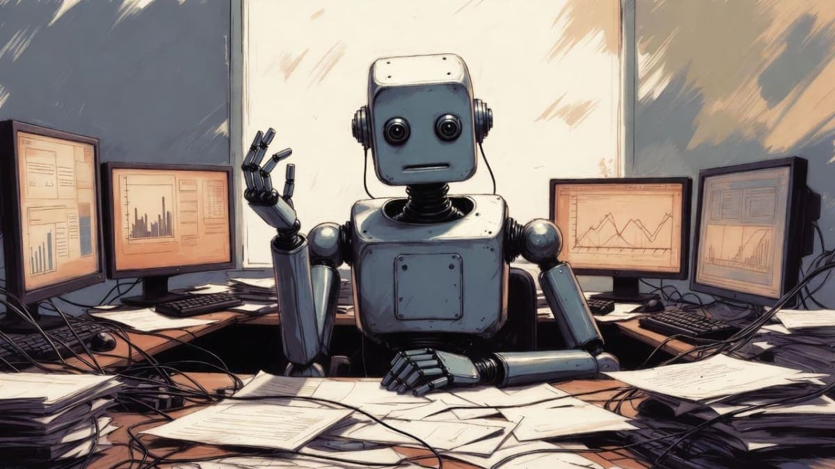 Illustration of a confused robot at a cluttered desk with scattered papers and conflicting monitor displays, representing AI incoherence in decision-making