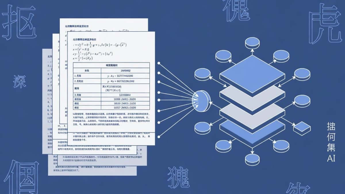 Illustration of a compact neural network processing complex documents with formulas and tables
