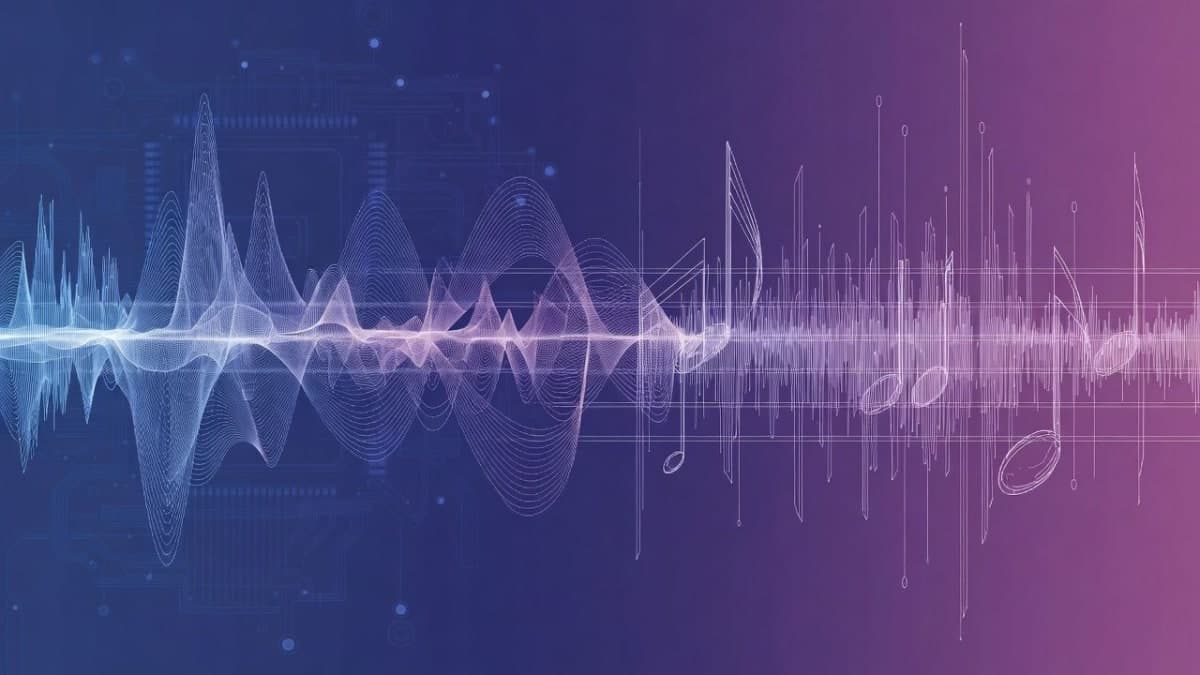 Abstract visualization of AI-generated audio waveforms and musical notation on a dark gradient background