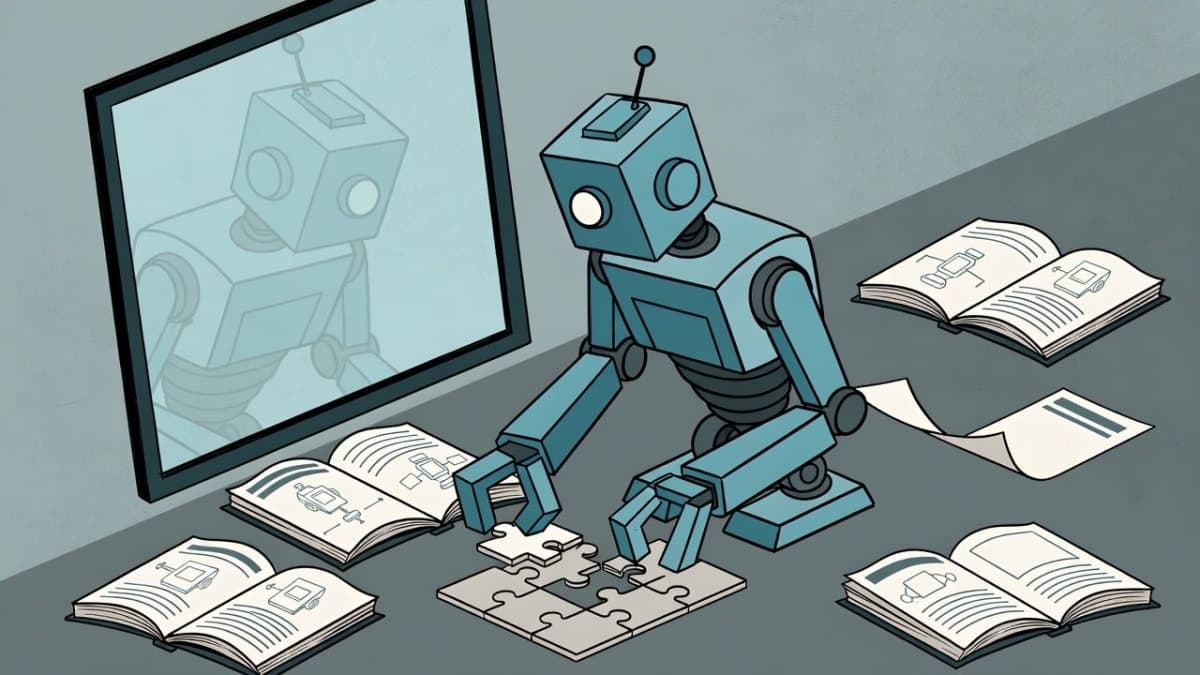 Illustration of a robot ignoring instruction manuals while attempting to solve a puzzle, representing AI models failing to use provided context