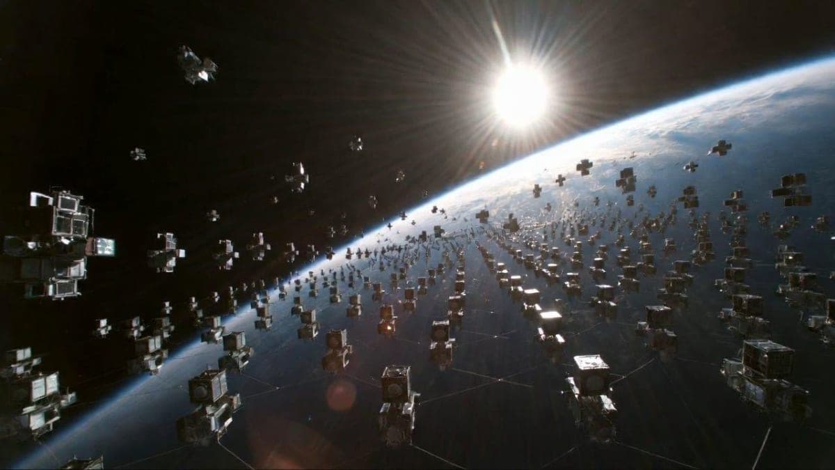 Artistic rendering of a massive orbital data center satellite constellation in low Earth orbit with Earth visible below