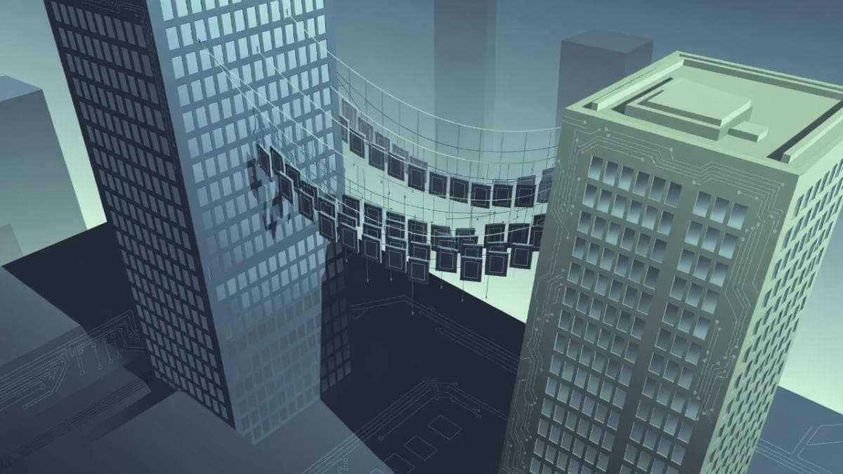 Illustration of two corporate towers connected by a fraying bridge of computer chips representing the strained Nvidia-OpenAI partnership