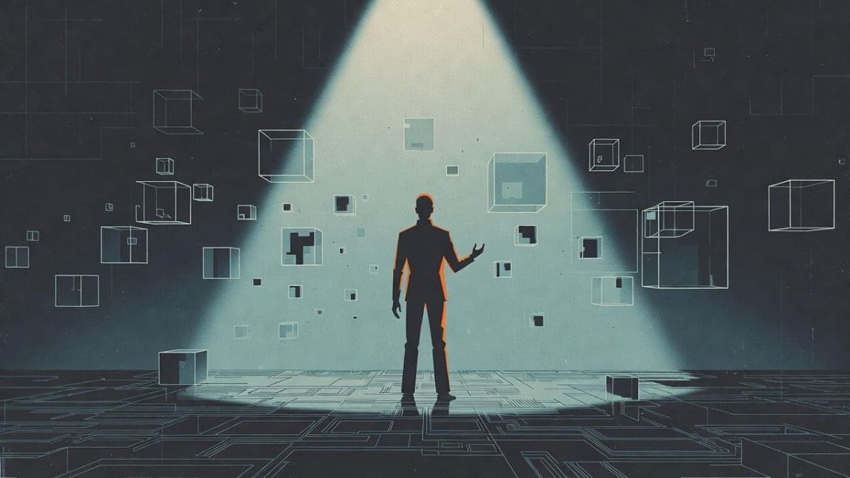 Illustration of a human figure standing in spotlight surrounded by abstract representations of AI agents in a tech-noir style
