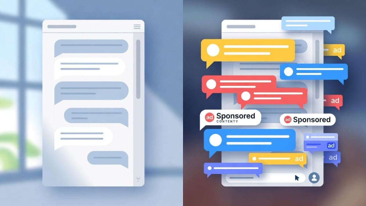 Split-screen illustration contrasting a clean AI chat interface with an ad-cluttered version