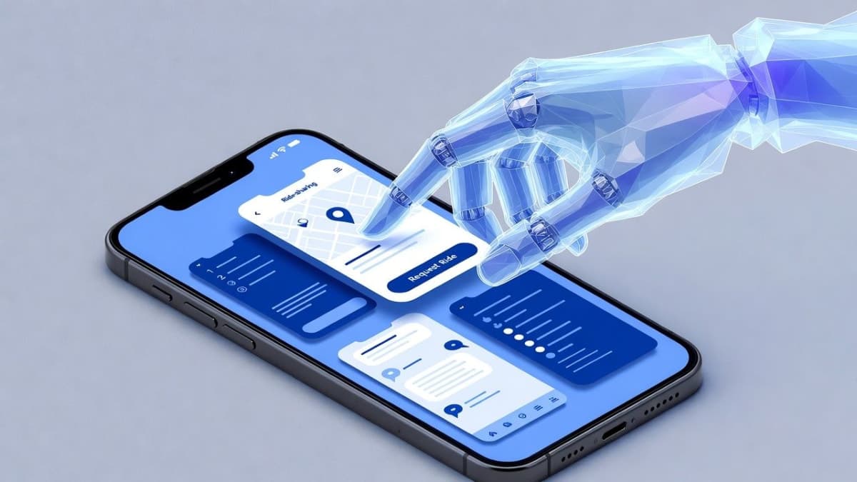 Illustration of an AI assistant interacting with smartphone app interfaces through screen automation technology