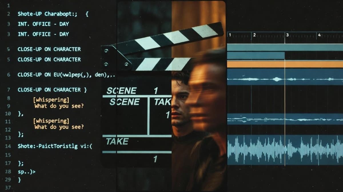 Illustration showing the workflow from structured text prompt to multi-shot AI video output with audio waveforms in Kling 3.0