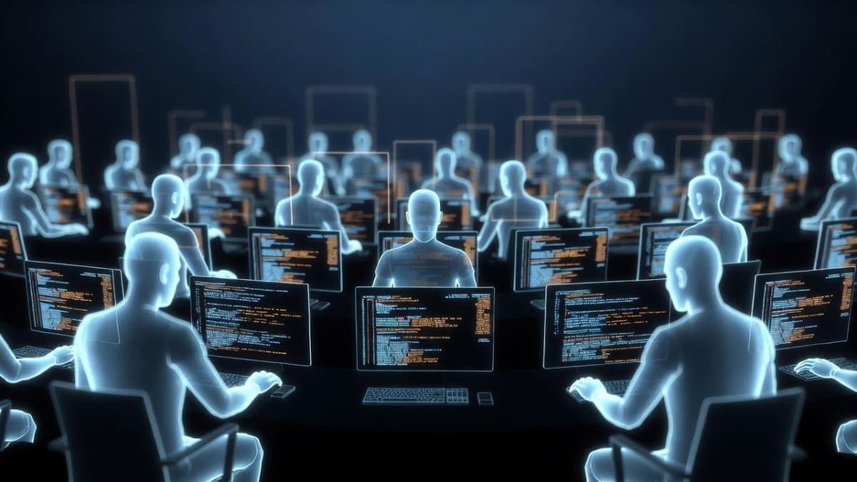 Illustration of multiple AI agent silhouettes working in parallel at connected terminals in a dark technical environment